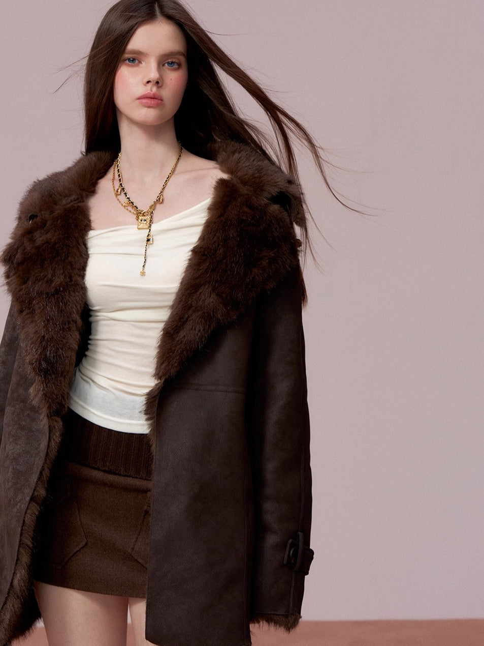 Faux Shearling-Lined PU Belted Coat