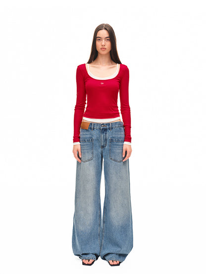 Color-block Two-piece Integrated Strap Layered T-shirt - CHINASQUAD