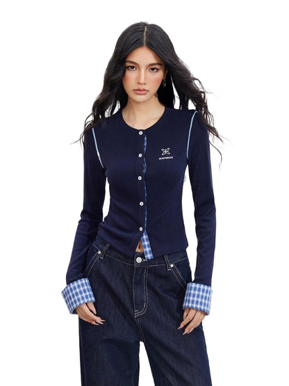 Plaid Embroidery Knit Cardigans