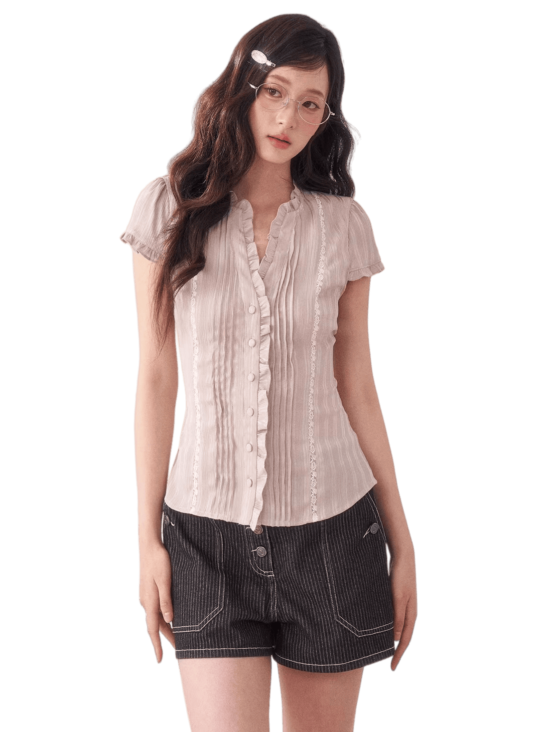 Ruffle Lace Waist-Fit Short Sleeve Blouse