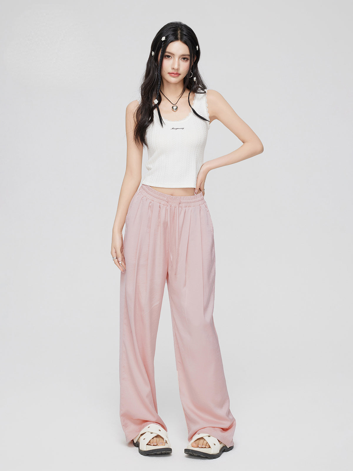 White &amp; Pink Ice Silk Drooping Wide-leg Pants - CHINASQUAD