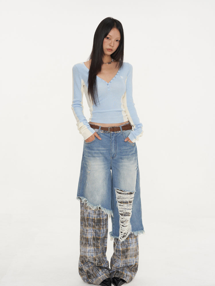 Dual-Layer Plaid Denim Pants