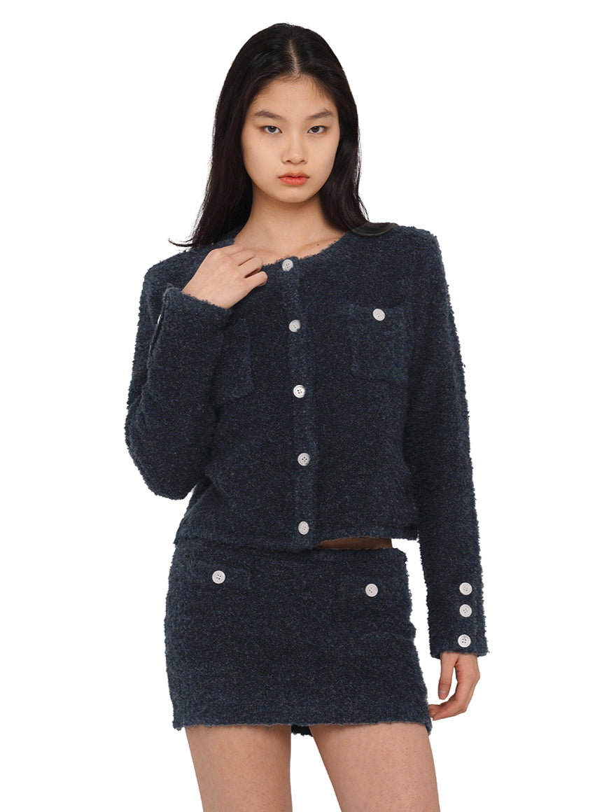 Navy Contrasting Buttons Knit Cardigan &amp; Skirt Set