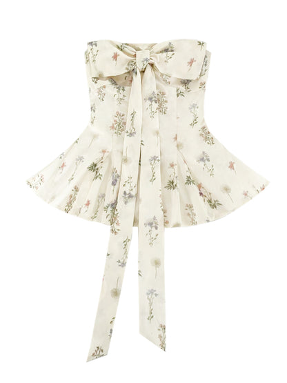 Floral Bow Smocked Strapless Top