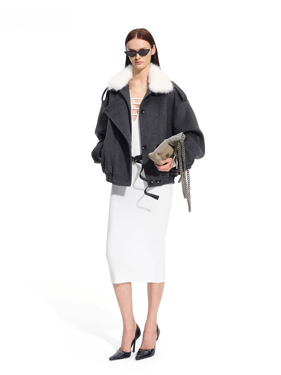 Faux Fox Fur Wool-Blend Aviator Jacket