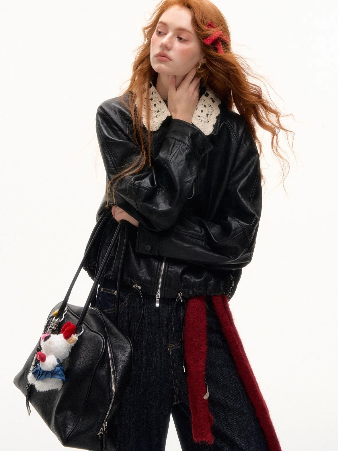 Detachable Collar Zip-Up Leather Jacket