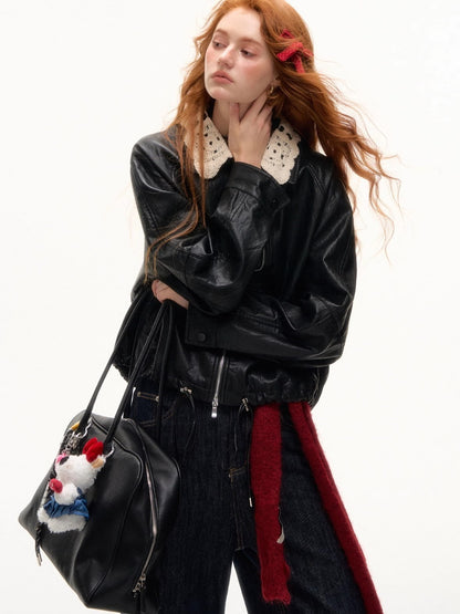 Detachable Collar Zip-Up Leather Jacket