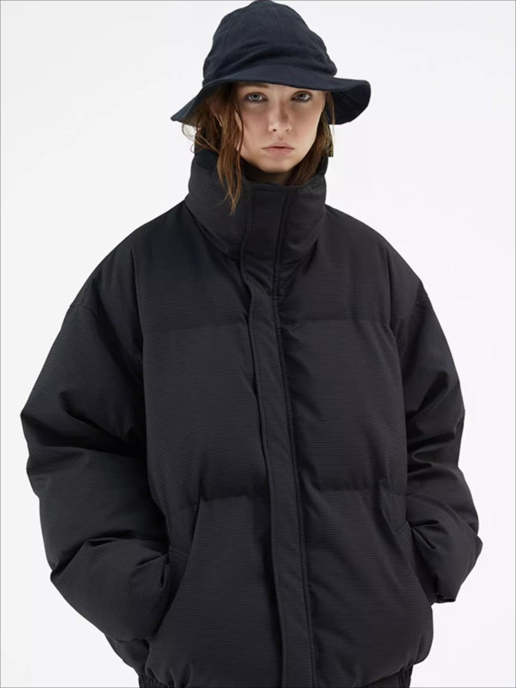 Textured Stripe-Panel Oversized Winter Puffer Jacket