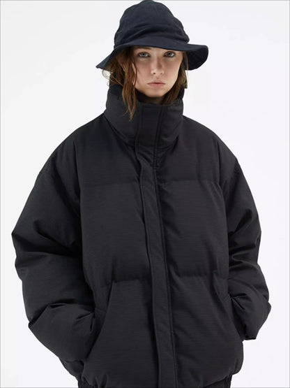 Textured Stripe-Panel Oversized Winter Puffer Jacket