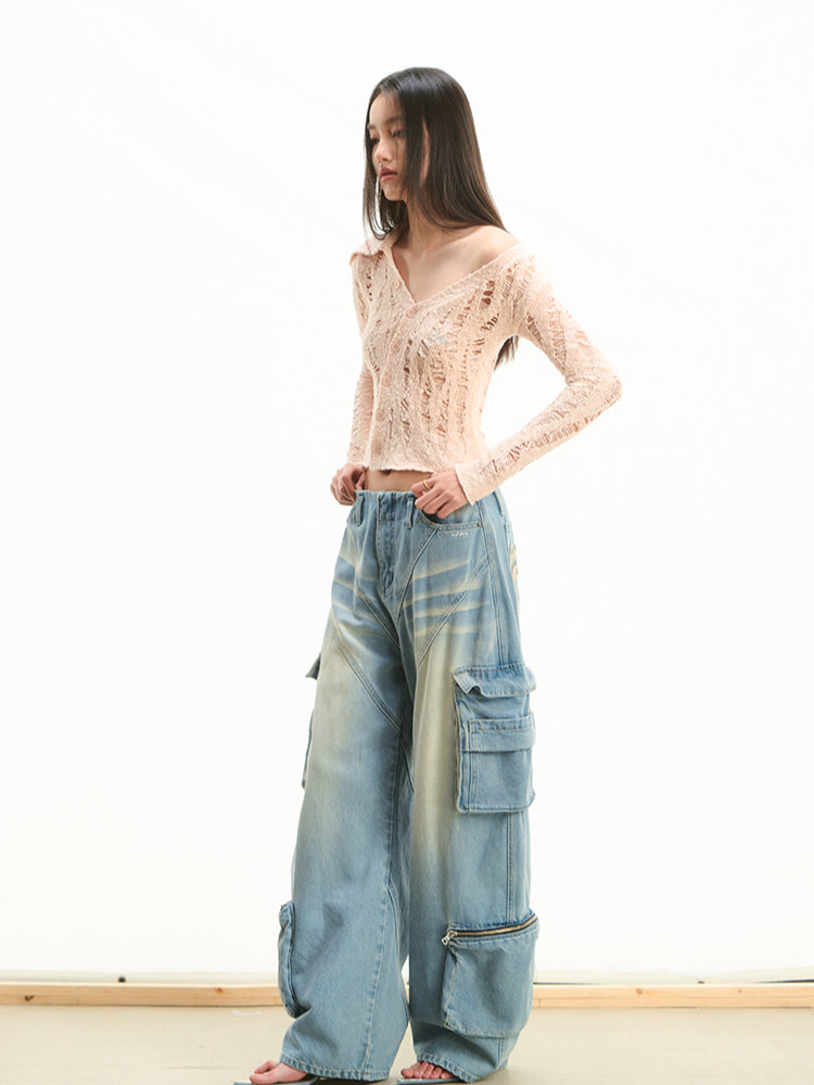 Low-Waist Relaxed Fit Washed Denim Jeans