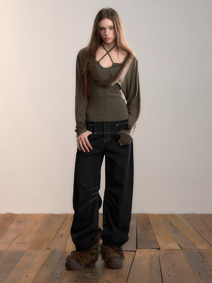 Fox Fur Panel Layered Knit V-neck