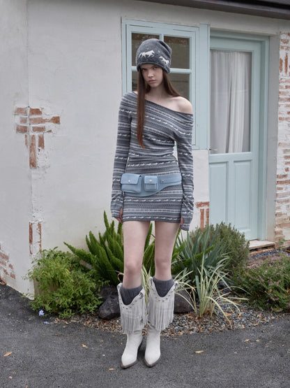 Fair Isle Off-Shoulder Jacquard Knit Dress