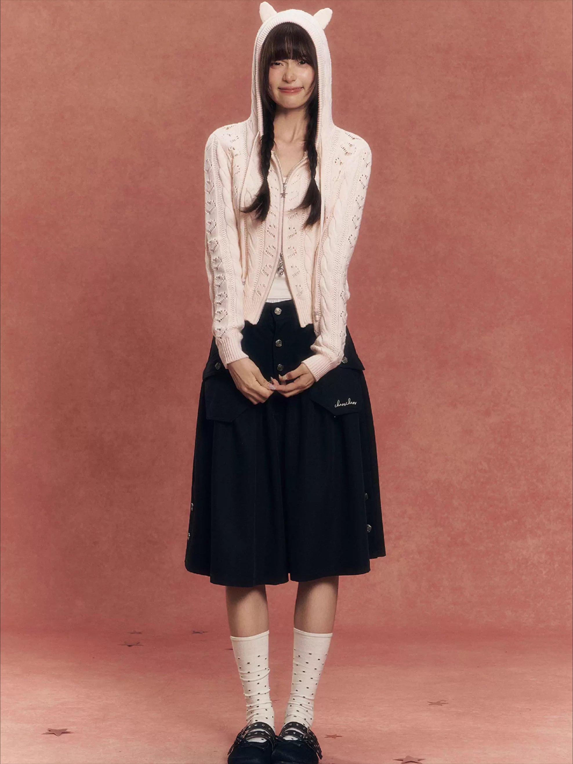 Heart Cutout Cable-Knit Hooded Cardigan