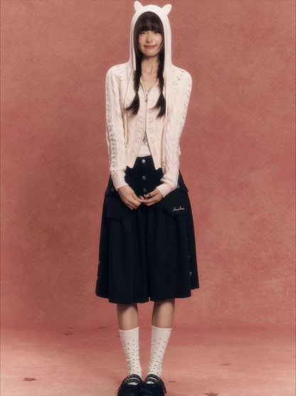 Heart Cutout Cable-Knit Hooded Cardigan