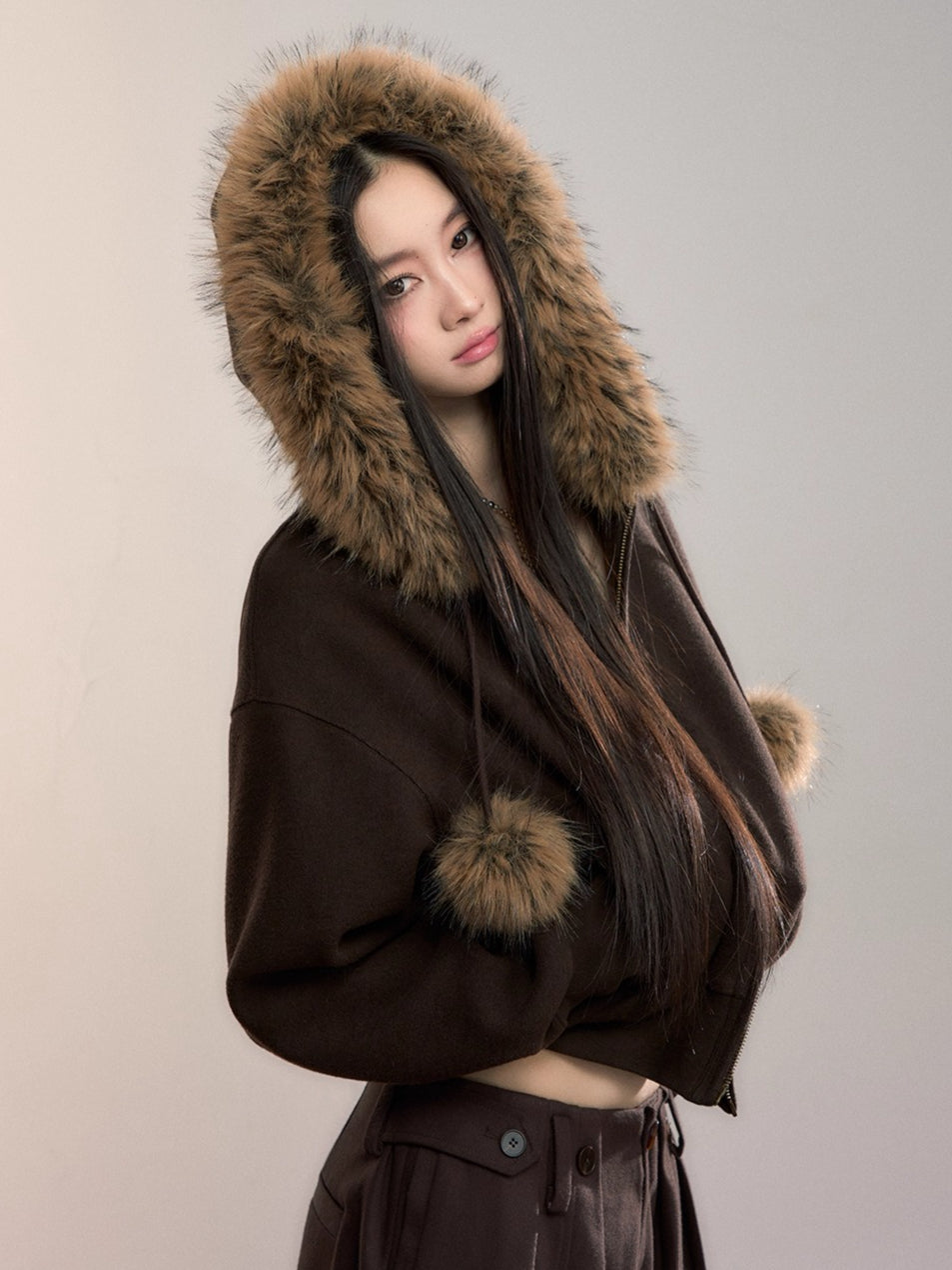 Faux Fur Collar Wool-Blend Fleece Jacket