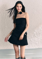 Black & Apricot Rose Choker Tweed Tube Dress - CHINASQUAD