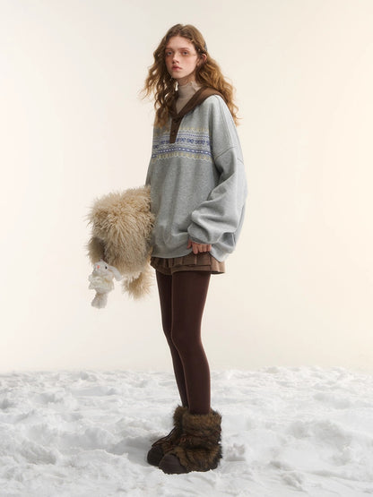 Contrast Patchwork Hooded Fleece Sweatshirt