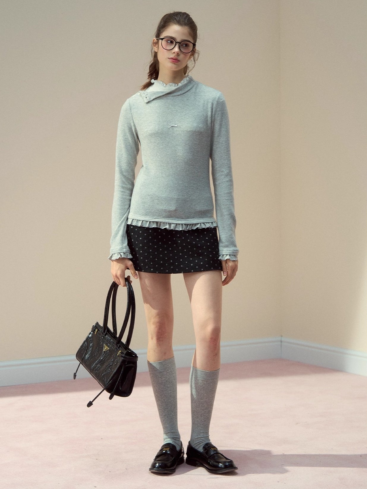 Layered Lace-Texture Mock Neck Knit T-Shirt