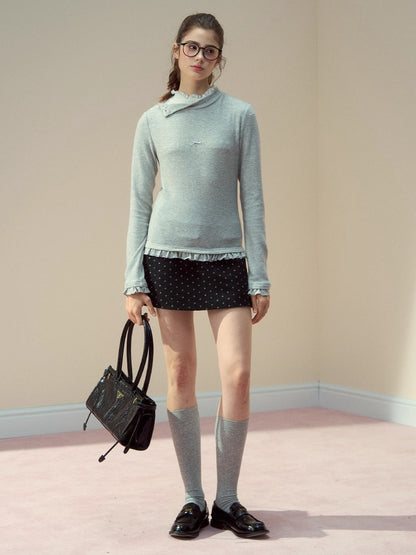 Layered Lace-Texture Mock Neck Knit T-Shirt