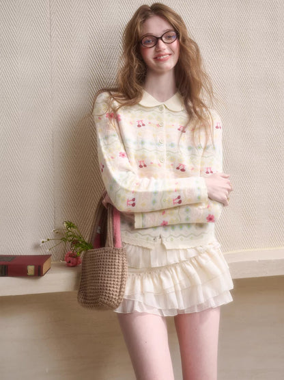 Jacquard Doll-Collar Knit Cardigan