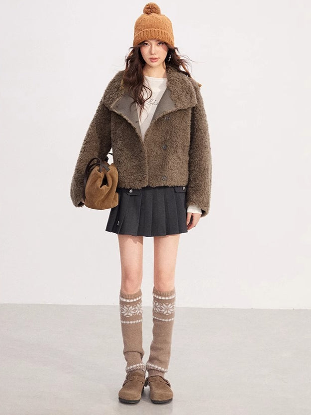 Shearling-Trim Stand-Collar Cropped Jacket
