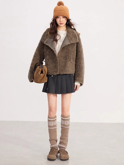 Shearling-Trim Stand-Collar Cropped Jacket