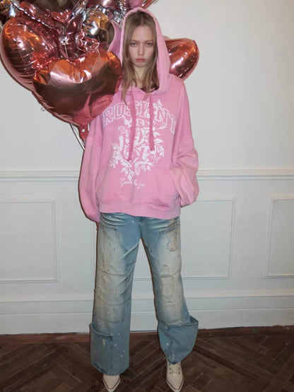 Print Slouchy Sleeve Washed Hoodie