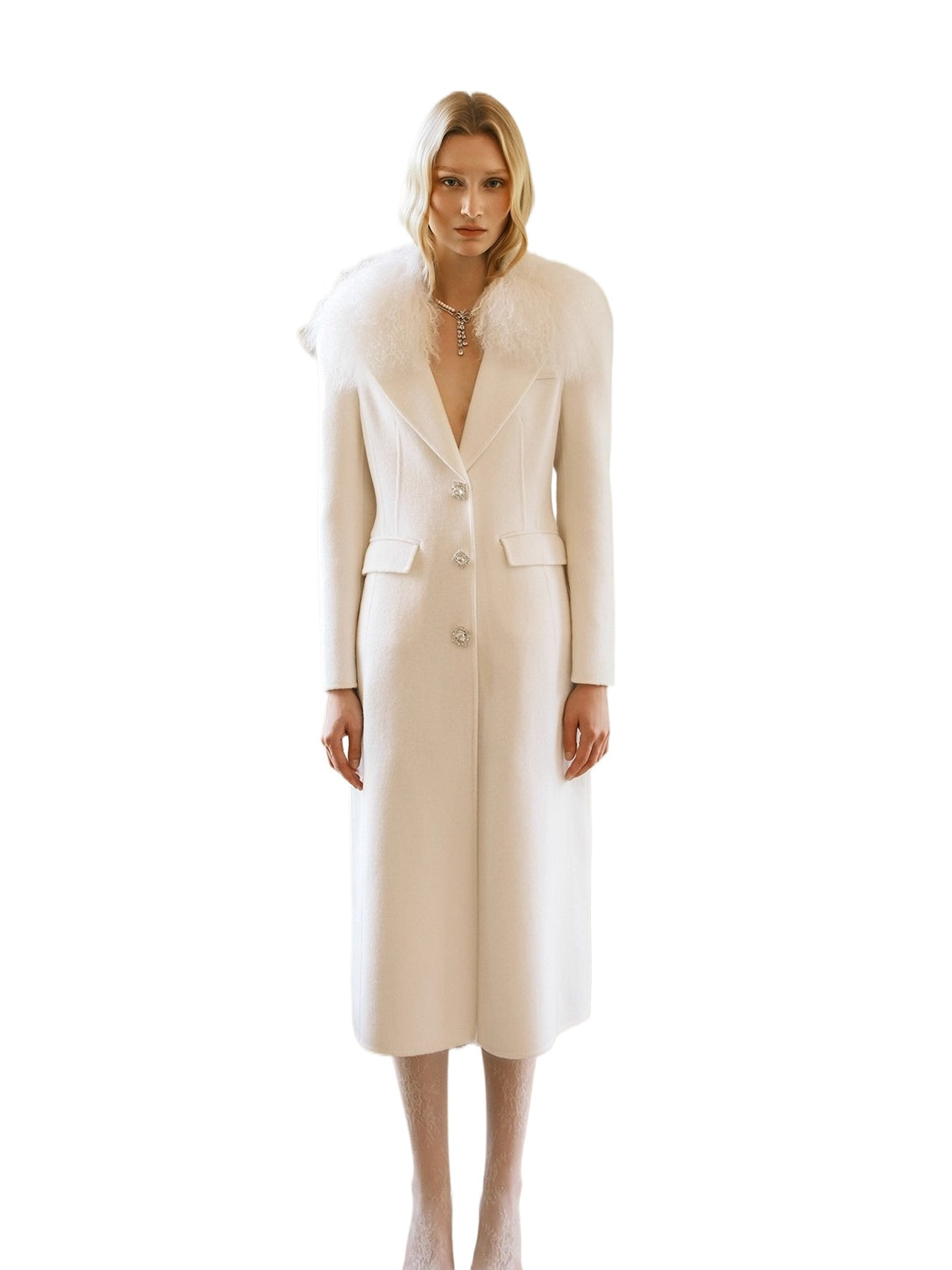Nata Detachable Shearling Collar Wool Coat