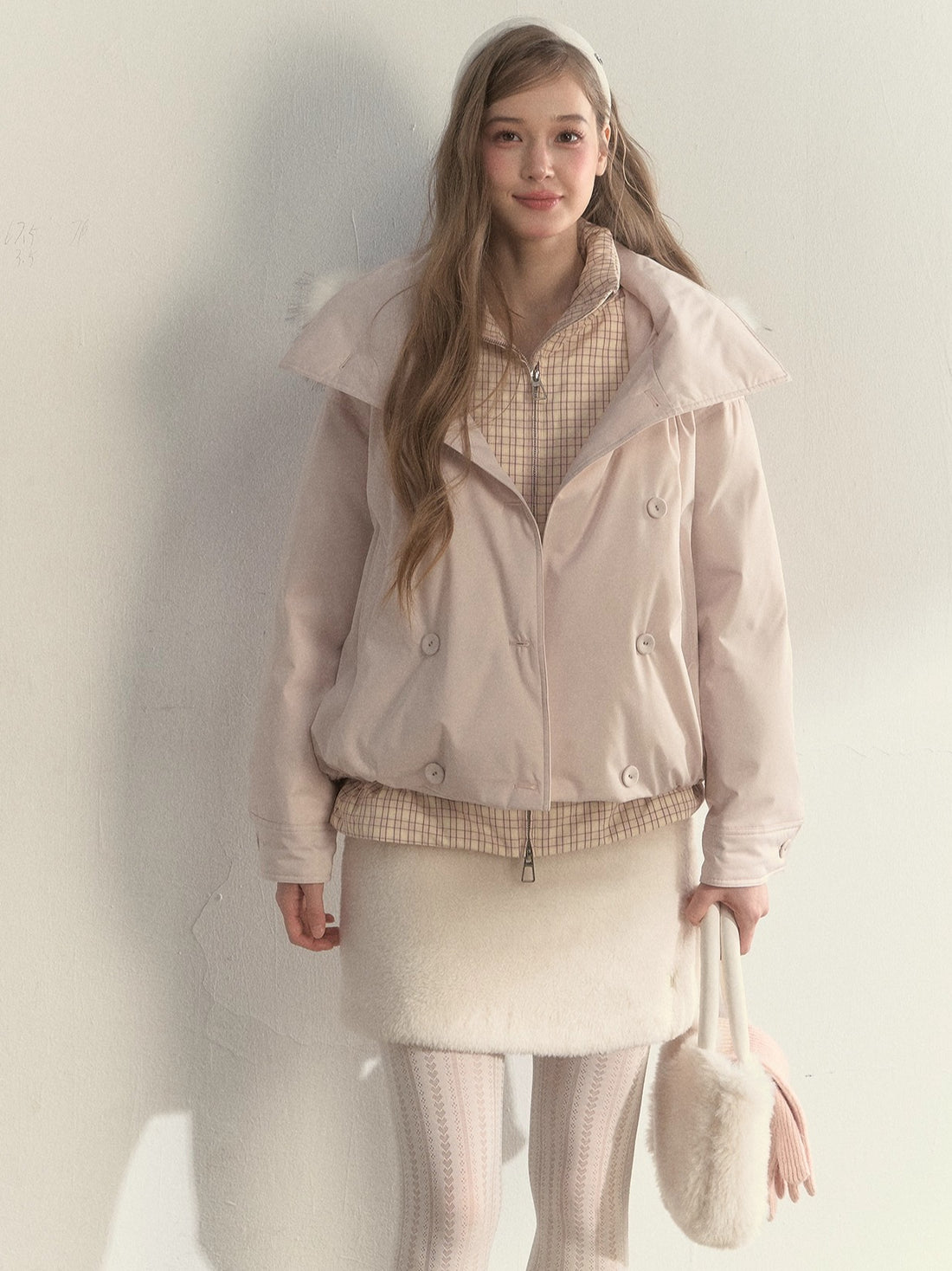 Khaki &amp; Pink Double-Breasted Layered Down Jacket