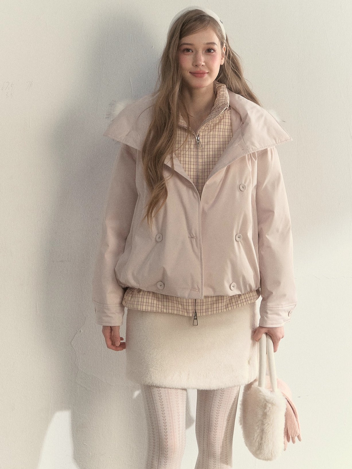 Khaki &amp; Pink Double-Breasted Layered Down Jacket