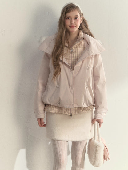 Khaki &amp; Pink Double-Breasted Layered Down Jacket