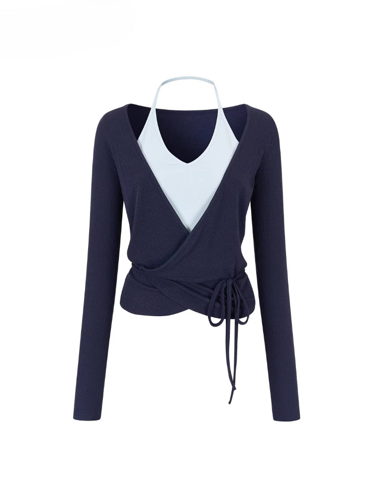 Fake Two-Piece Color-Blocked Strappy T-Shirt - CHINASQUAD