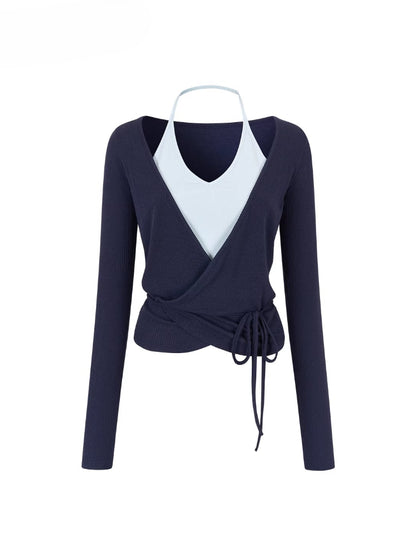 Fake Two-Piece Color-Blocked Strappy T-Shirt - CHINASQUAD