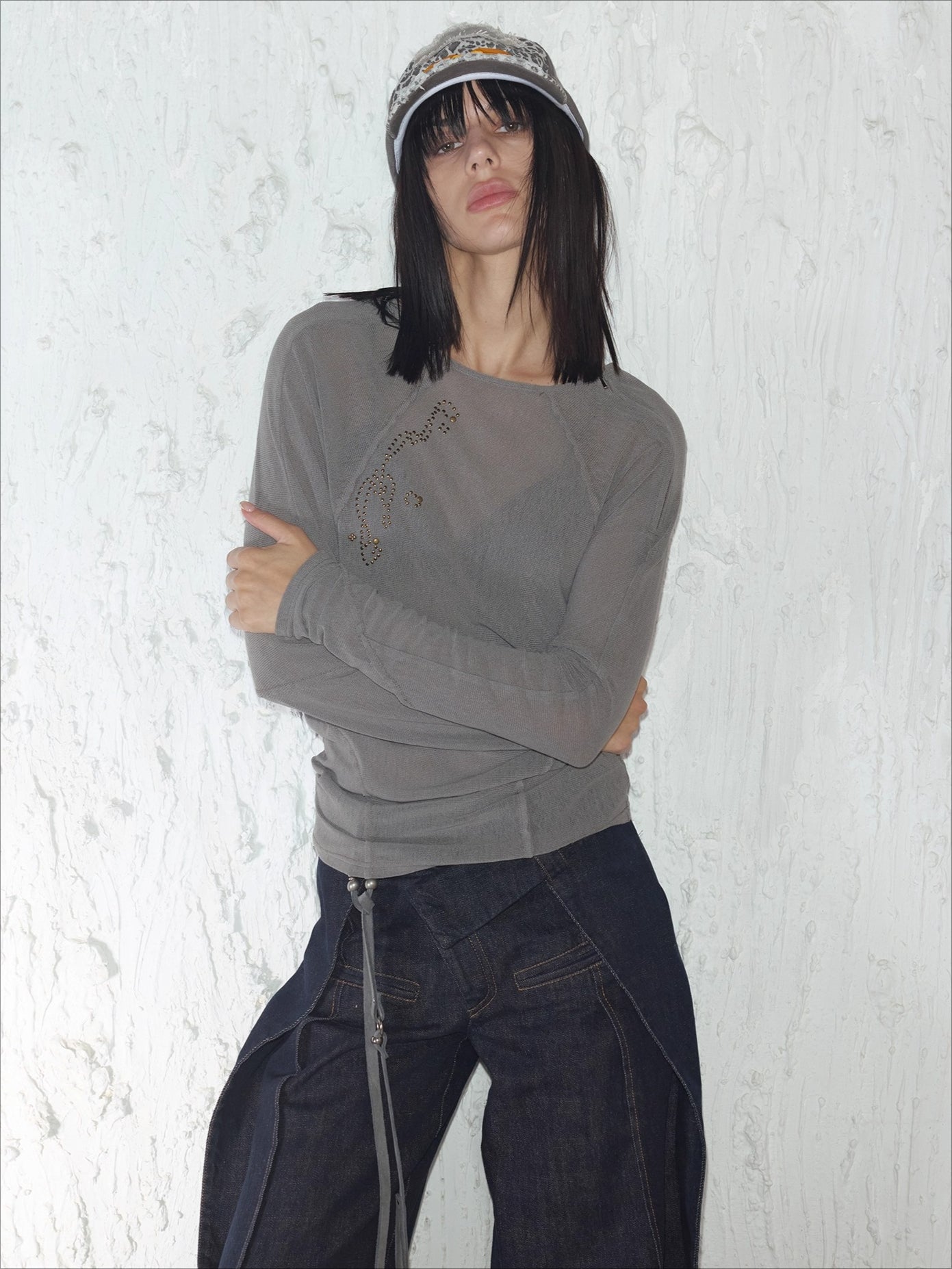 Rhinestone Frayed-Edge Knit T-Shirt