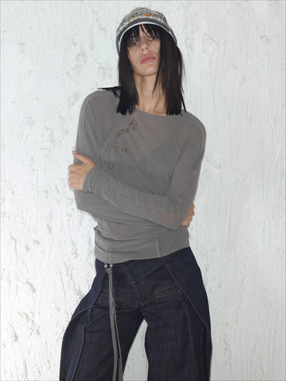 Rhinestone Frayed-Edge Knit T-Shirt