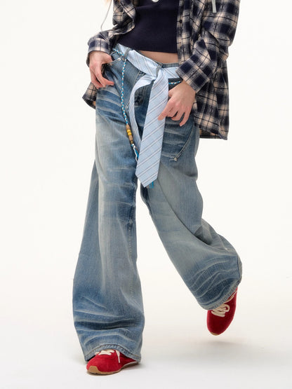 Beaded Tie-Waist Washed Denim Pants