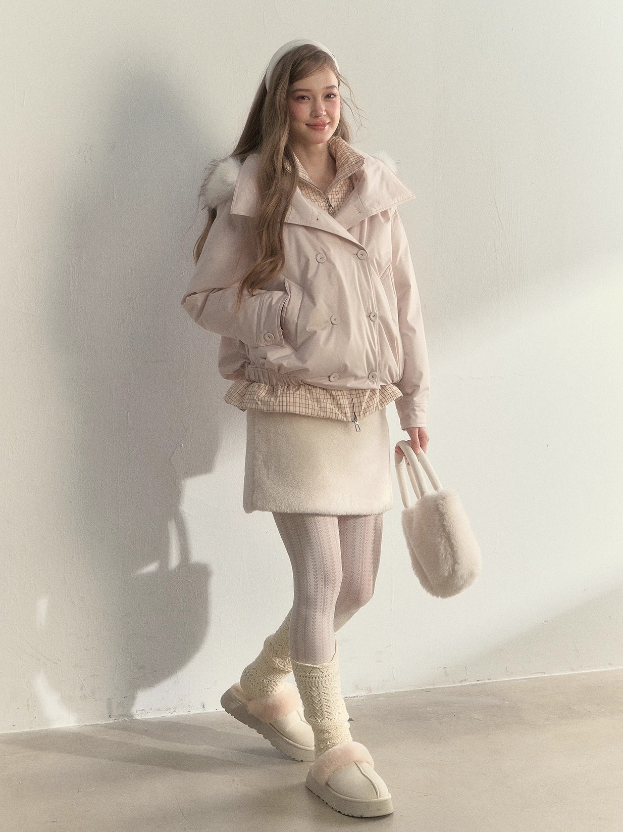 Khaki &amp; Pink Double-Breasted Layered Down Jacket