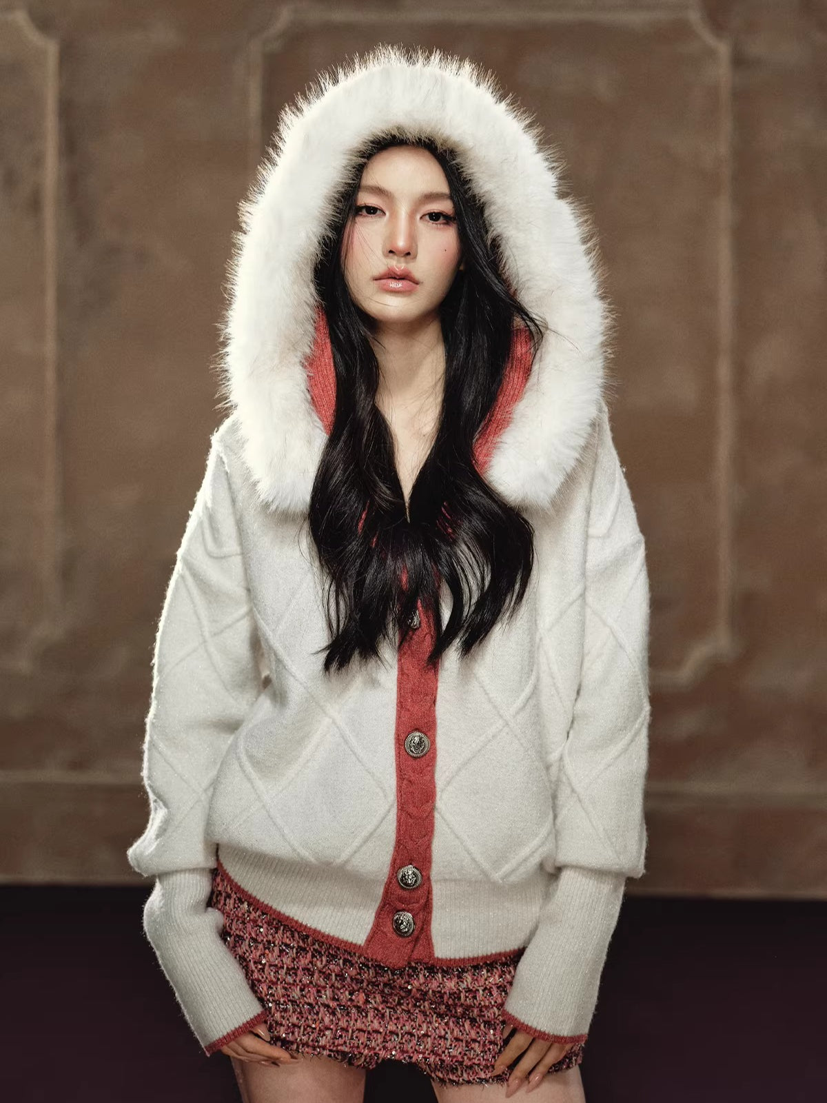 Detachable Fur-Collar Argyle Hooded Knit Cardigan