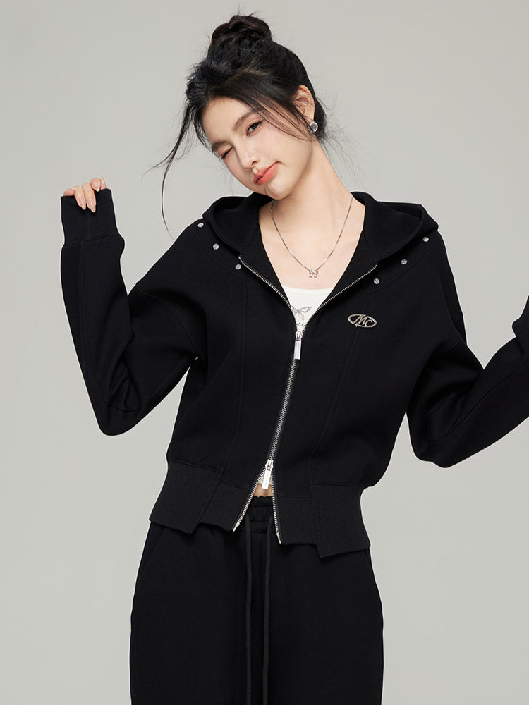 Black &amp; White Zipper Casual Hoodie Set