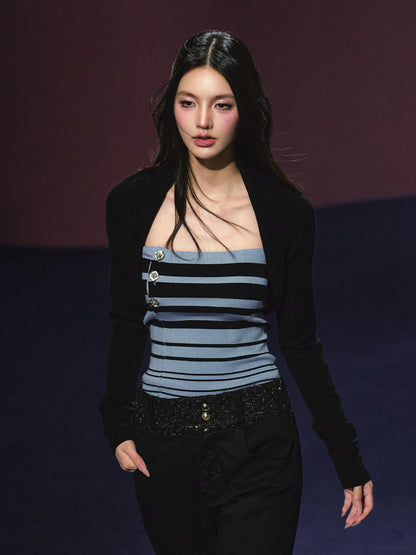 Striped Contrast Hand-Sewn Button Tube Top &amp; Shrug Set - CHINASQUAD