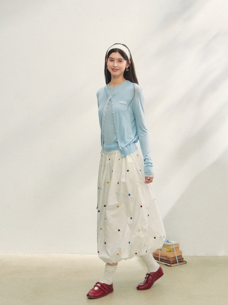 White Heavy-duty Floral Embroidered Midi Skirt Set - CHINASQUAD