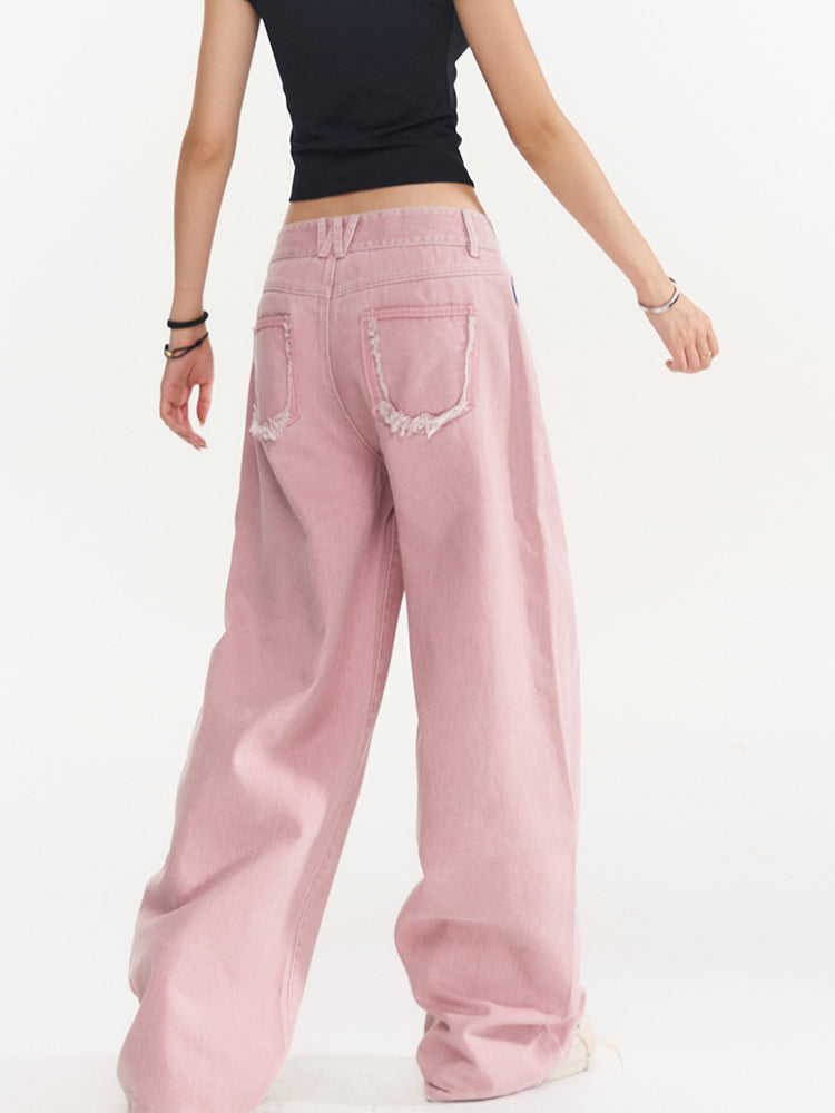 Pink Rhinestone Low-Waist Wide-Leg Jeans