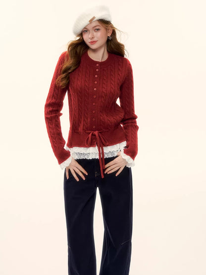 Cable Knit Lace-Hem Drawstring Sweater