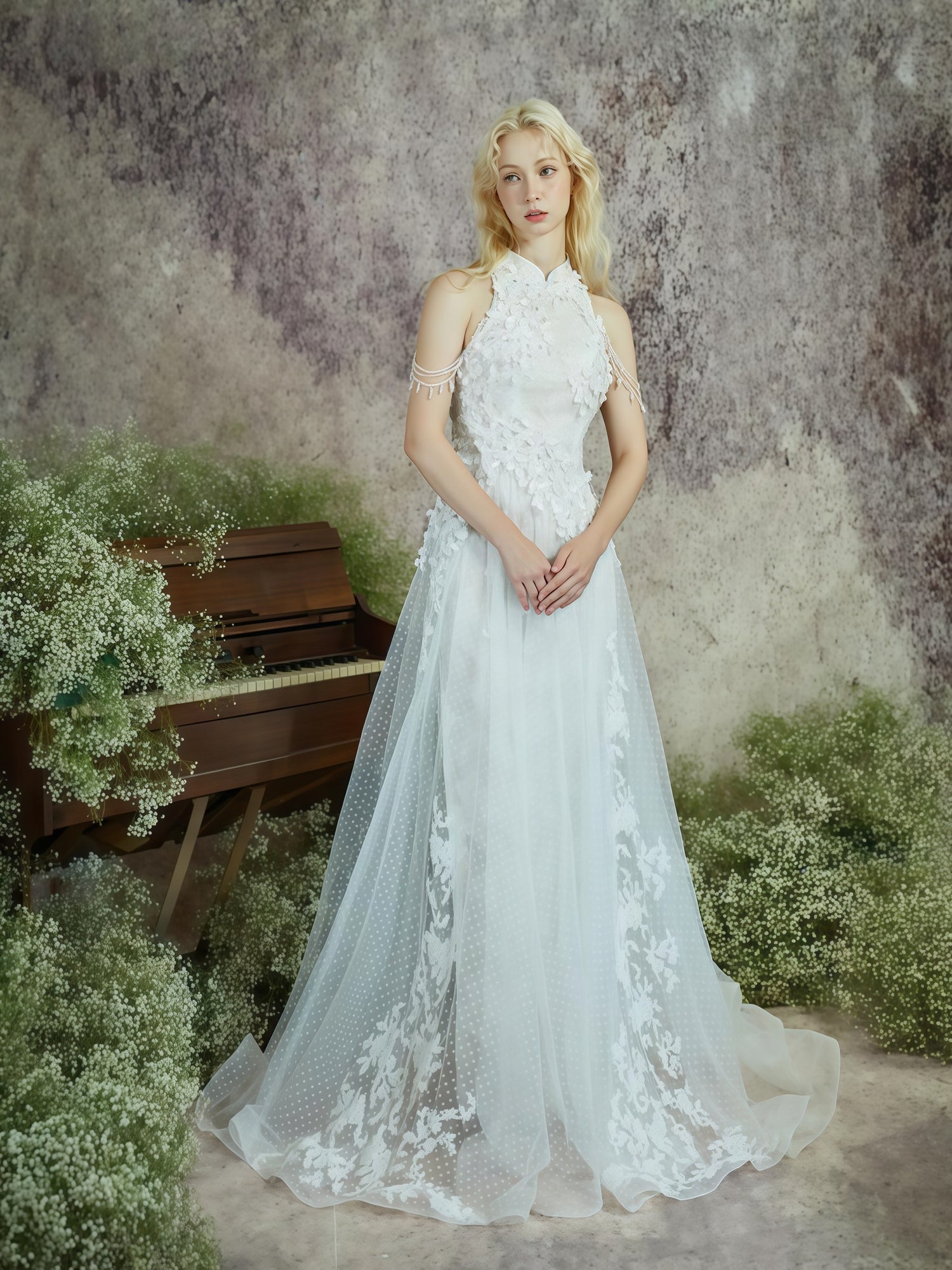 Ethereal Whisper Halter Embroidered Tulle Gown