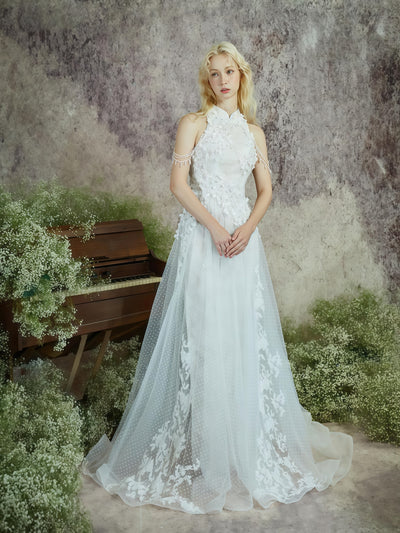Ethereal Whisper Halter Embroidered Tulle Gown