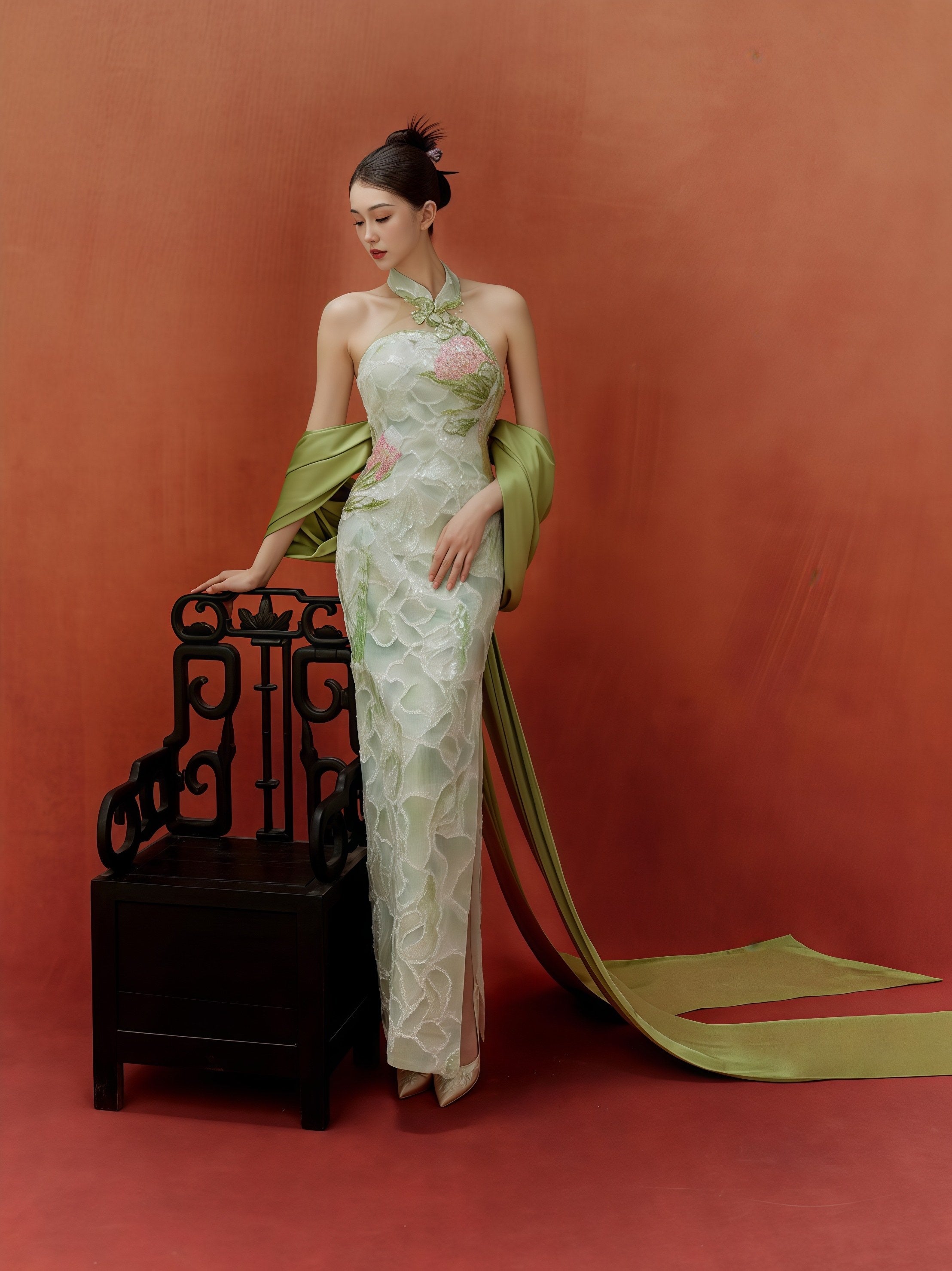 Mint Green Embroidered Halter Cheongsam with Feather Trim Shawl