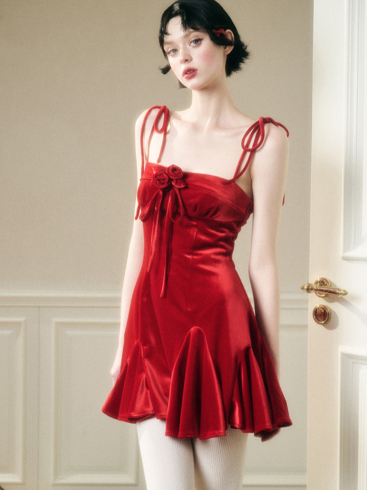 Classic Red Velvet Handcrafted Floral Velvet Dress