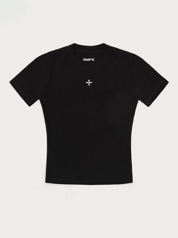 Waist-Cinching Embroidered Round-Neck T-Shirt - CHINASQUAD