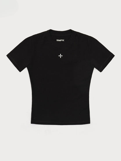 Waist-Cinching Embroidered Round-Neck T-Shirt - CHINASQUAD