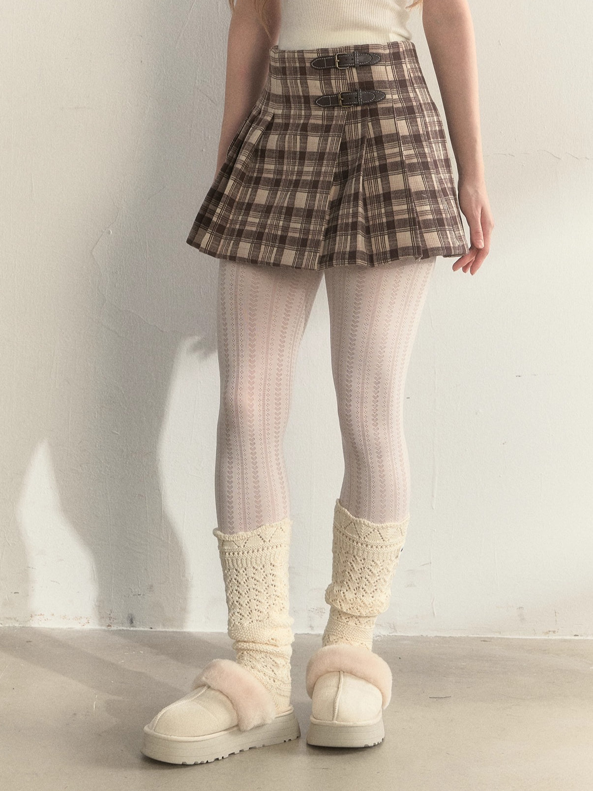 Vintage Plaid Wool Leather Buckle Pleated Skirt